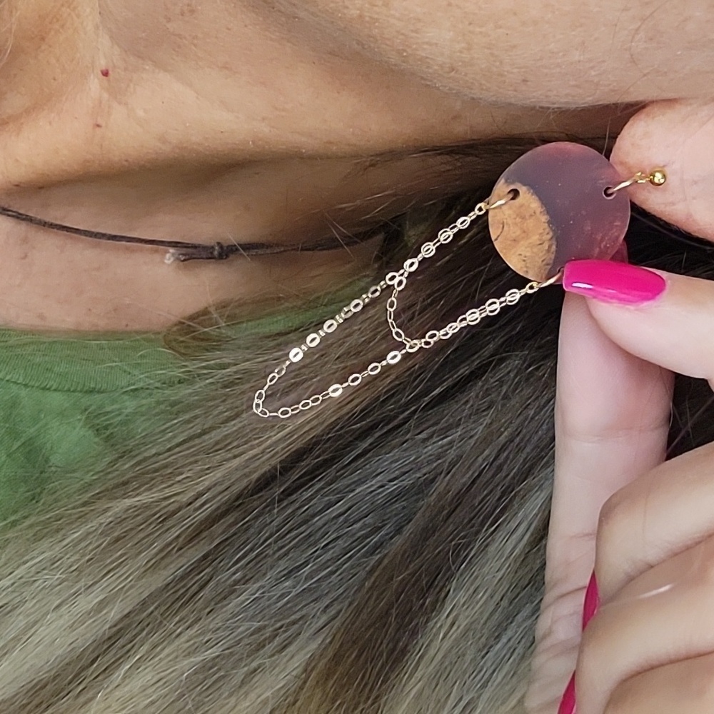 BLONDE AND BURL 16K GOLD CHAIN WOOD DROP EARRINGS